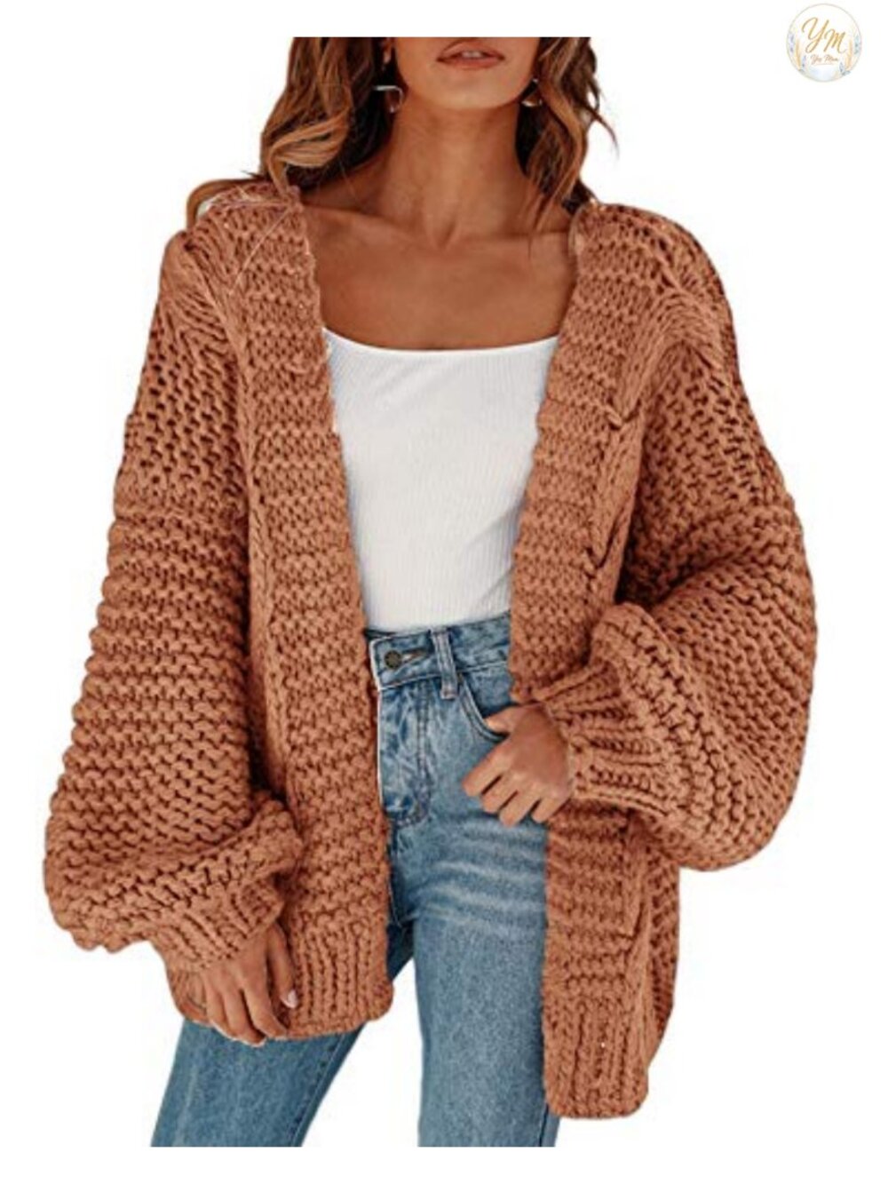 Chunky Knit Open Front Cardigan Loose Lantern Sleeve Oversized Sweater